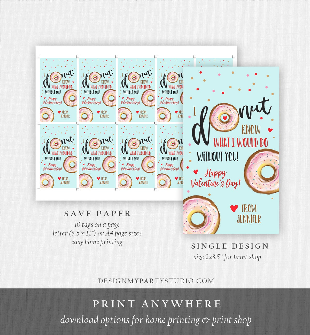 Editable Donut Valentine Tag Valentine&#39;s Day Card for Kids School Donut Know Classroom Printable Personalized Digital PRINTABLE 0368 0370