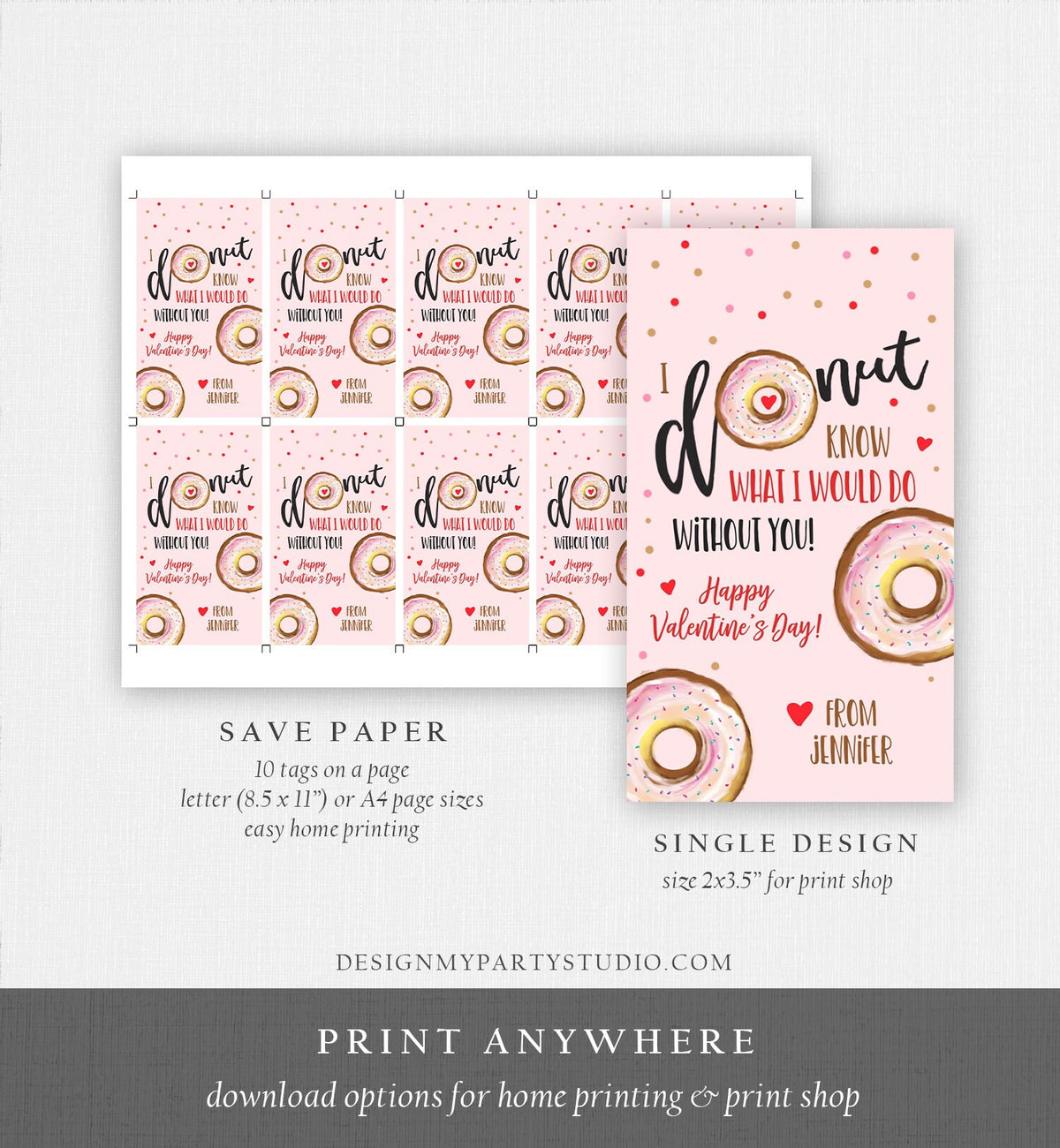Editable Donut Valentine Tag Valentine&#39;s Day Card for Kids School Donut Know Classroom Printable Personalized Digital PRINTABLE 0368 0370