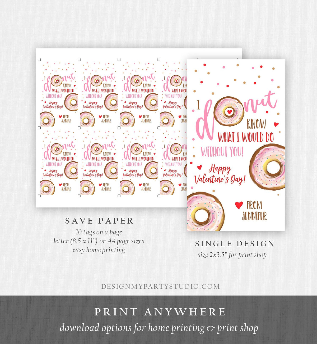 Editable Donut Valentine Tag Valentine&#39;s Day Card for Kids School Donut Know Class Cookie Tag set Printable Personalized PRINTABLE 0368 0370