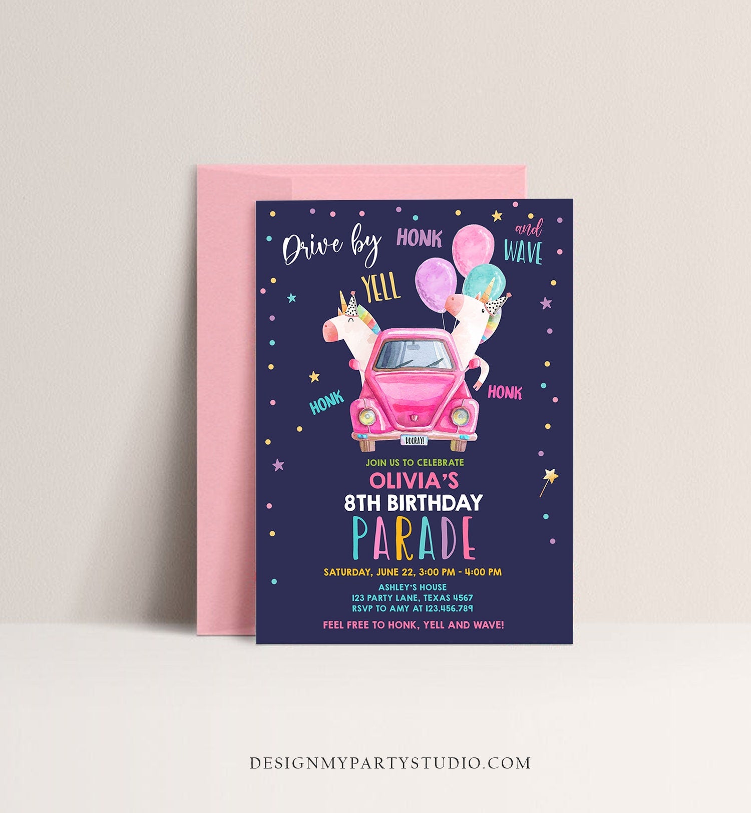 Editable Unicorn Drive By Birthday Parade Invitation Virtual Party Invite Honk Wave Car Girl Pink Quarantine Download Digital Corjl 0336