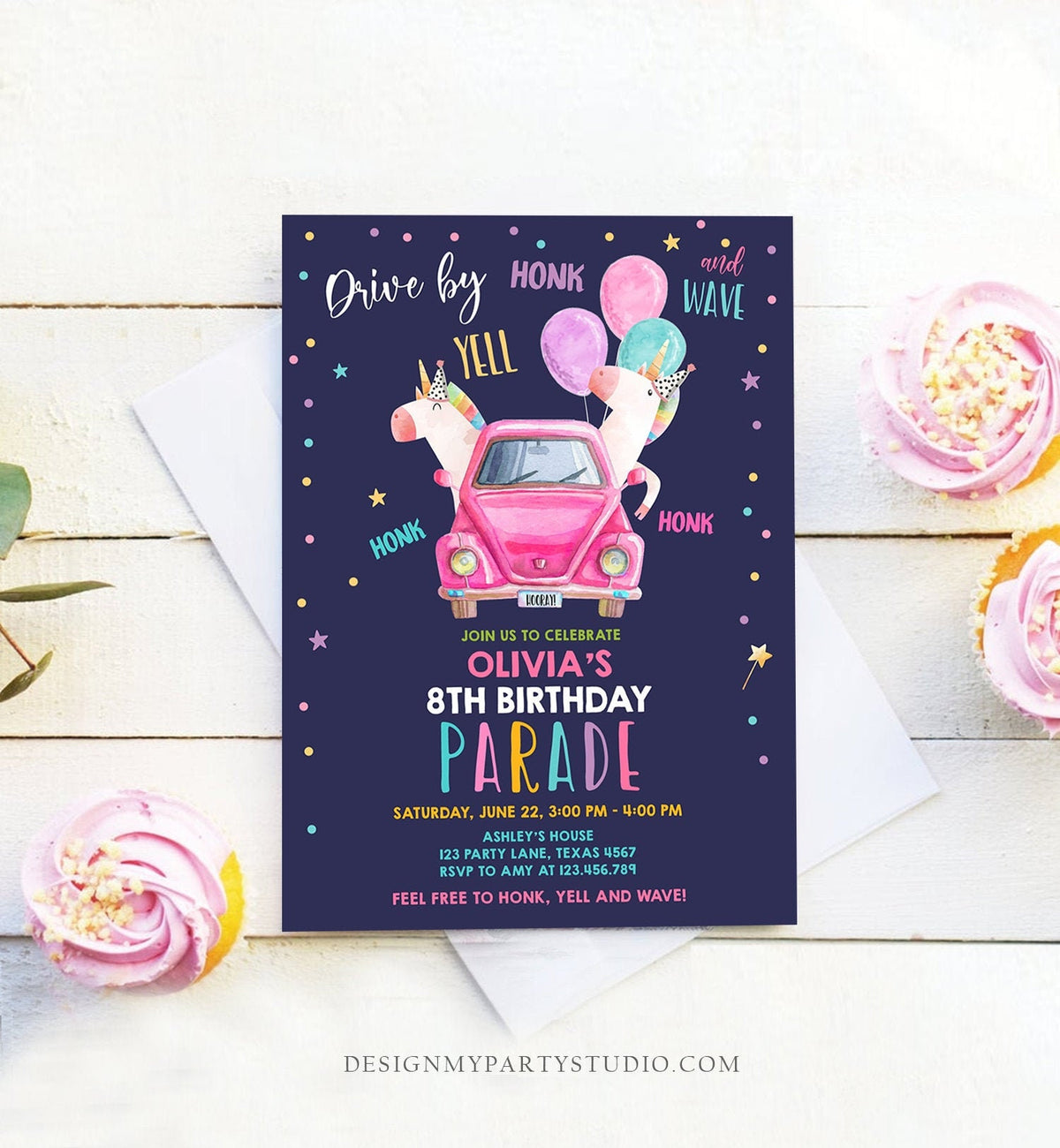 Editable Unicorn Drive By Birthday Parade Invitation Virtual Party Invite Honk Wave Car Girl Pink Quarantine Download Digital Corjl 0336