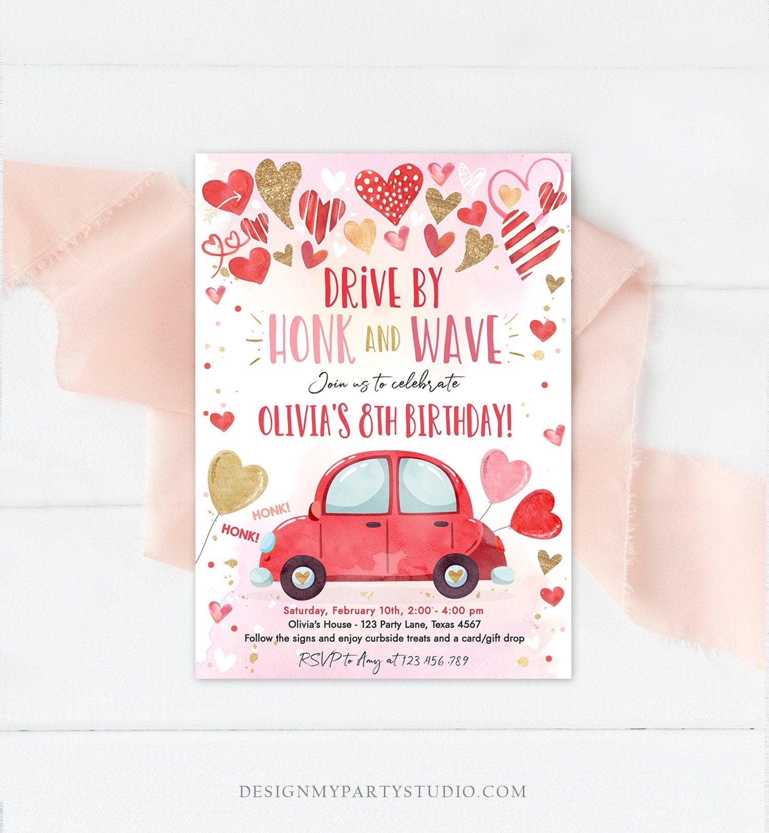 Editable Drive By Birthday Invitation Valentine Sweetheart Pink Gold Hearts Drive Through Red Heart Car Corjl Template Printable 0371