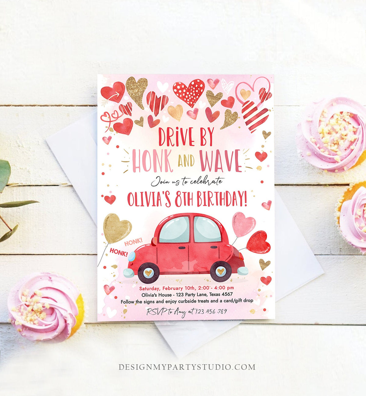 Editable Drive By Birthday Invitation Valentine Sweetheart Pink Gold Hearts Drive Through Red Heart Car Corjl Template Printable 0371