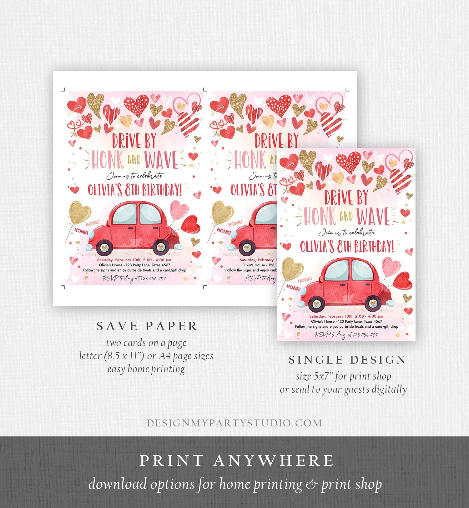 Editable Drive By Birthday Invitation Valentine Sweetheart Pink Gold Hearts Drive Through Red Heart Car Corjl Template Printable 0371