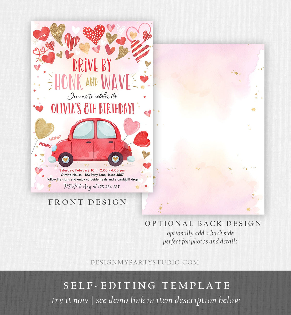 Editable Drive By Birthday Invitation Valentine Sweetheart Pink Gold Hearts Drive Through Red Heart Car Corjl Template Printable 0371