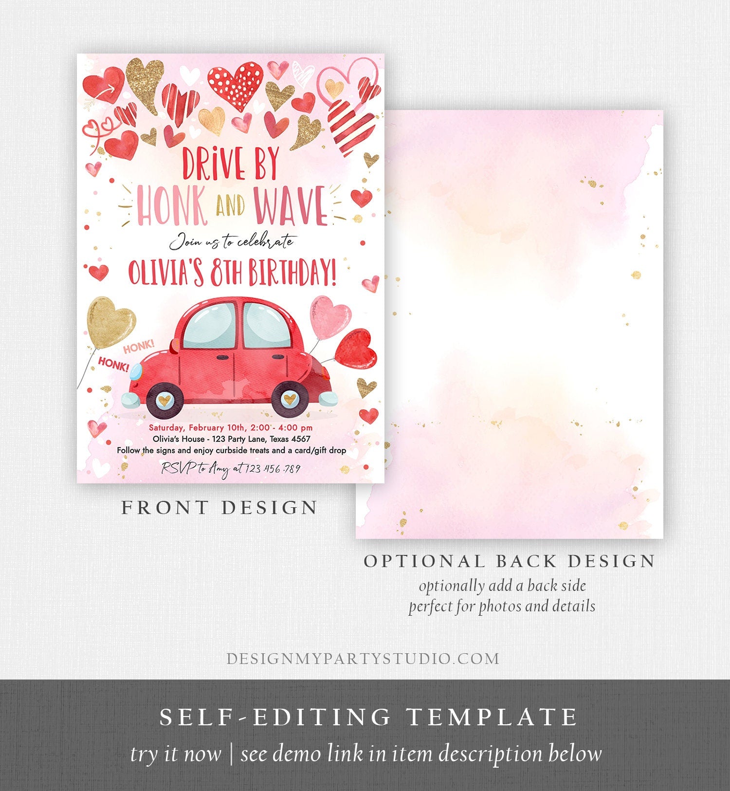 Editable Drive By Birthday Invitation Valentine Sweetheart Pink Gold Hearts Drive Through Red Heart Car Corjl Template Printable 0371