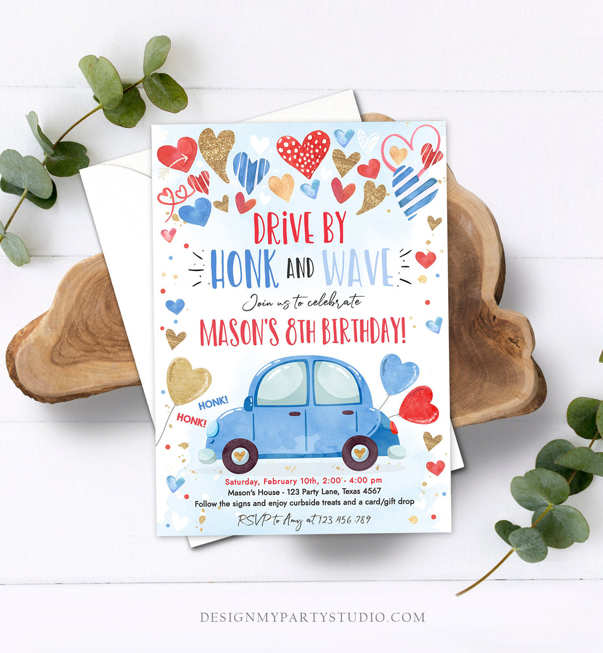Editable Drive By Birthday Invitation Valentine Sweetheart Blue Gold Hearts Drive Through Red Heart Car Corjl Template Printable 0371