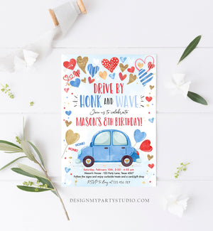 Editable Drive By Birthday Invitation Valentine Sweetheart Blue Gold Hearts Drive Through Red Heart Car Corjl Template Printable 0371