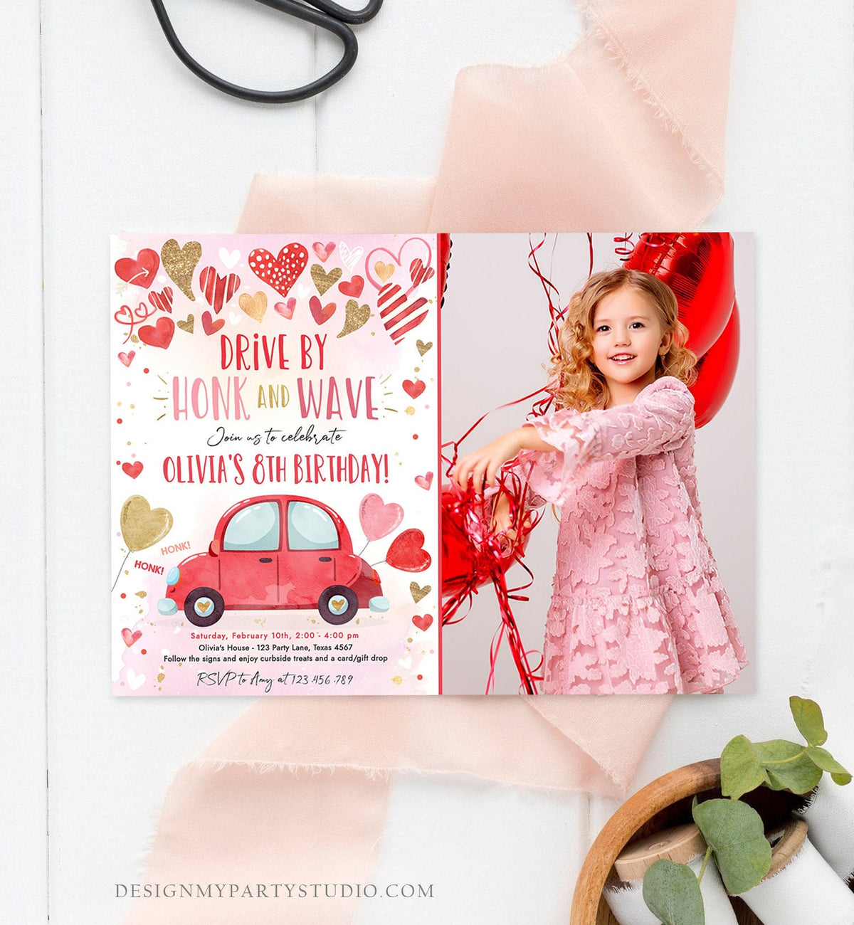 Editable Drive By Birthday Invitation Valentine Sweetheart Pink Gold Hearts Drive Through Red Heart Car Corjl Template Printable 0371