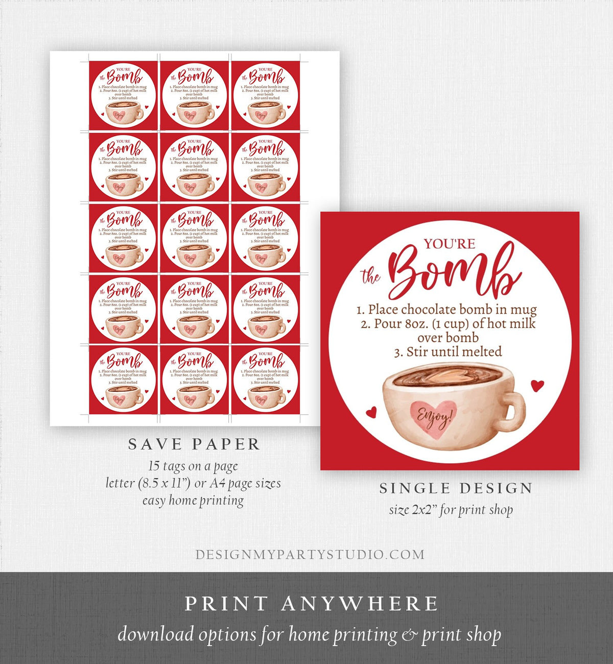 Editable Valentine Hot Chocolate Bomb Tags Bomb Instructions Hot Cocoa Bomb Favor Tags Valentine Gift You&#39;re The Bomb Digital PRINTABLE 0370