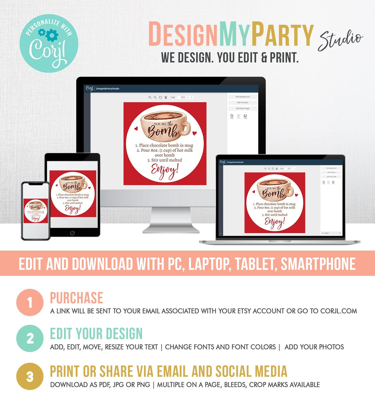 Editable Valentine Hot Chocolate Bomb Tags Bomb Instructions Hot Cocoa Bomb Favor Tags Valentine Gift You&#39;re The Bomb Digital PRINTABLE 0370