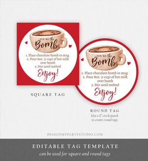 Editable Valentine Hot Chocolate Bomb Tags Bomb Instructions Hot Cocoa Bomb Favor Tags Valentine Gift You're The Bomb Digital PRINTABLE 0370