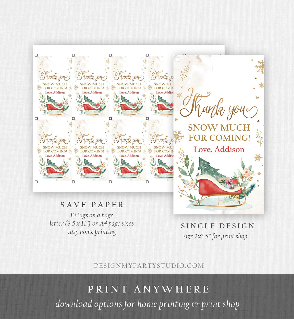 Editable Sleigh Favor Tags Holiday Gift Tags Winter Merry Christmas Holiday Oh What Fun Labels Tree Gold Santa Claus Red Template Corjl 0353