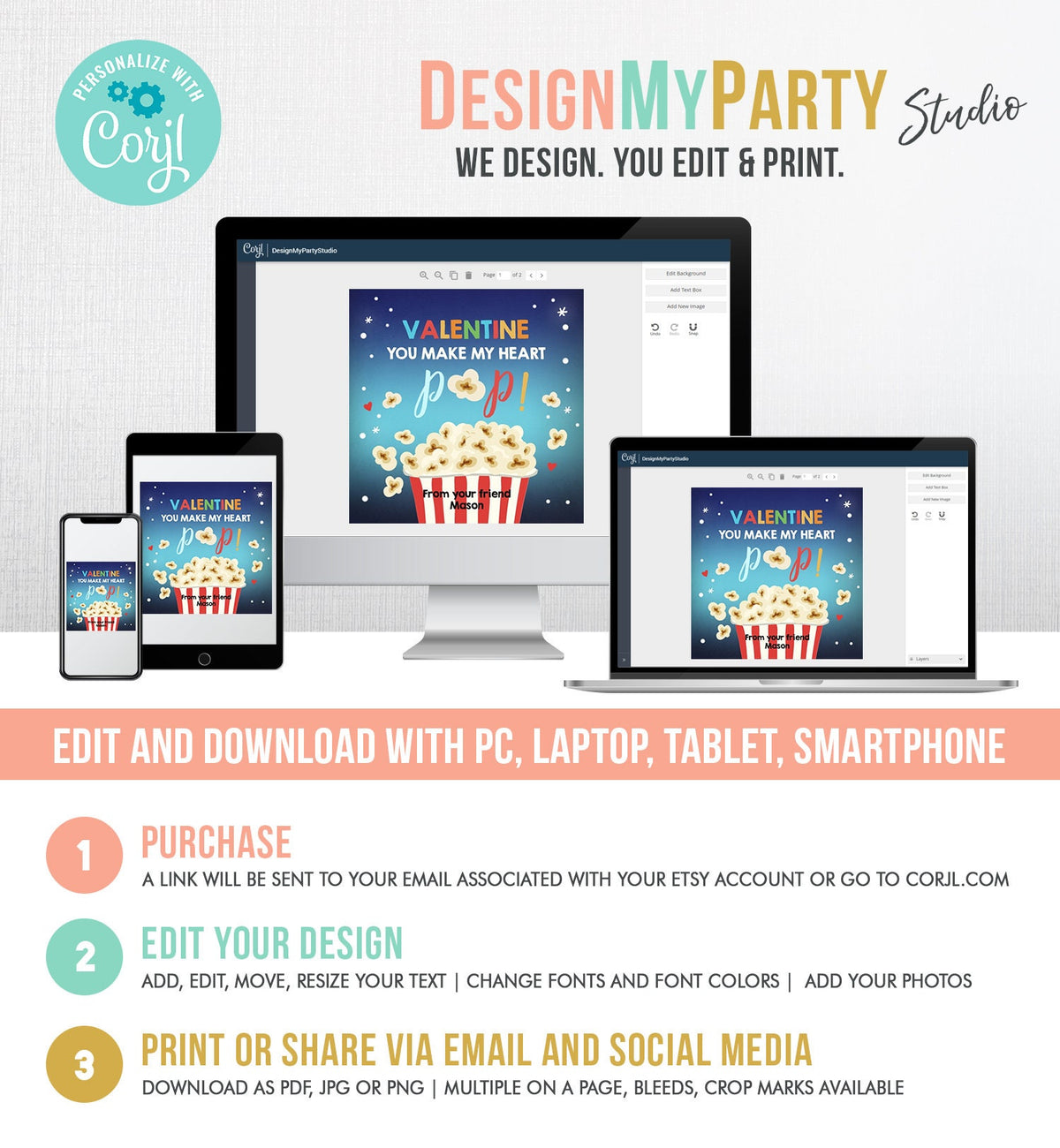 Editable Popcorn Valentine&#39;s Day Tag You Make my Heart Pop Sticker Valentines Day Card for Kids School Class Tag Digital PRINTABLE 0367 0370