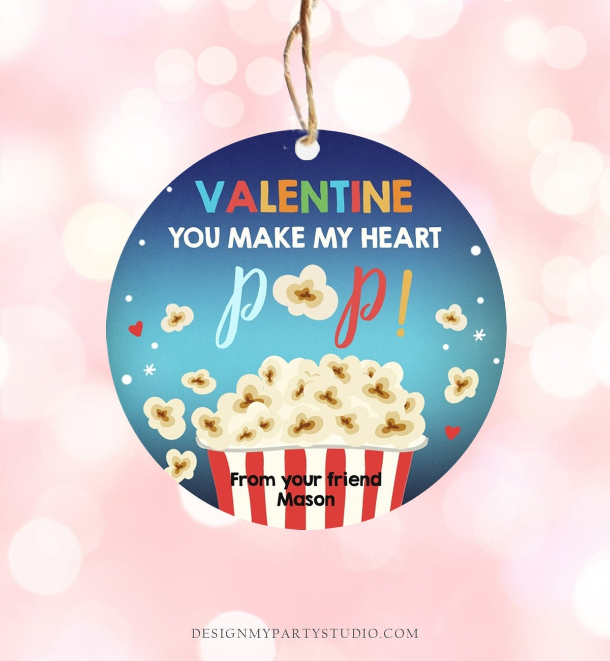 Editable Popcorn Valentine&#39;s Day Tag You Make my Heart Pop Sticker Valentines Day Card for Kids School Class Tag Digital PRINTABLE 0367 0370