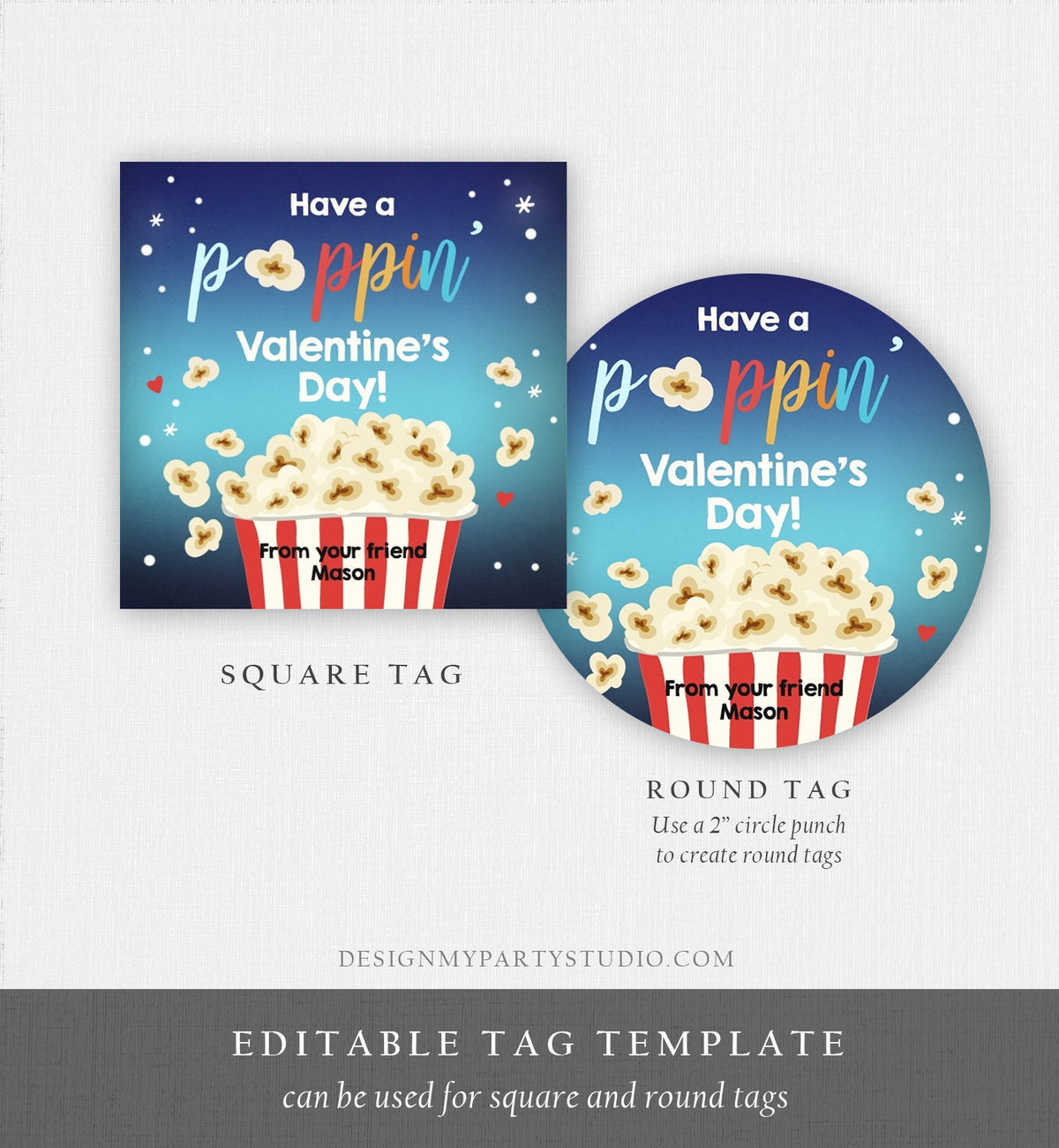 Editable Popcorn Valentine&#39;s Day Tag Poppin&#39; Sticker Valentines Day Card for Kids School Class Gift Tag Digital PRINTABLE 0367 0370
