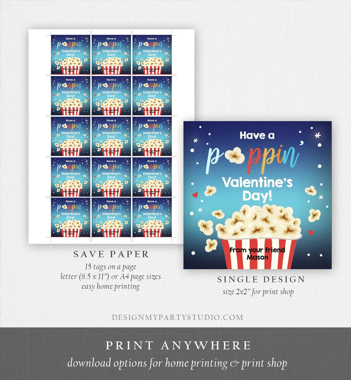 Editable Popcorn Valentine&#39;s Day Tag Poppin&#39; Sticker Valentines Day Card for Kids School Class Gift Tag Digital PRINTABLE 0367 0370