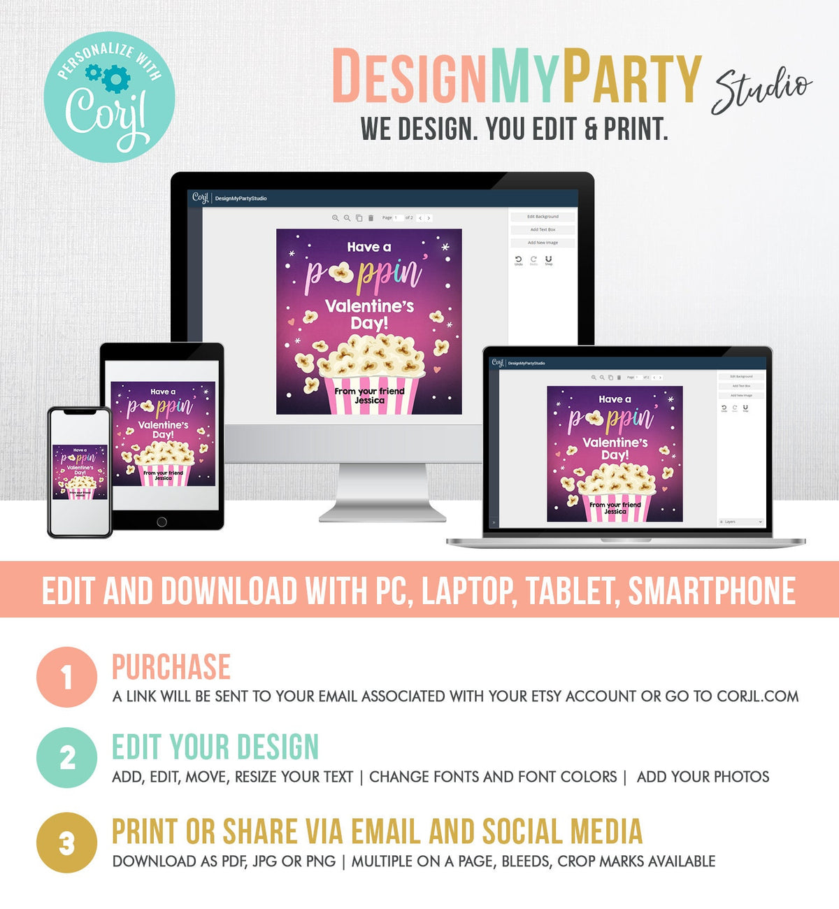 Editable Popcorn Valentine&#39;s Day Tag Poppin&#39; Sticker Valentines Day Card for Kids School Class Gift Tag Digital PRINTABLE 0367 0370