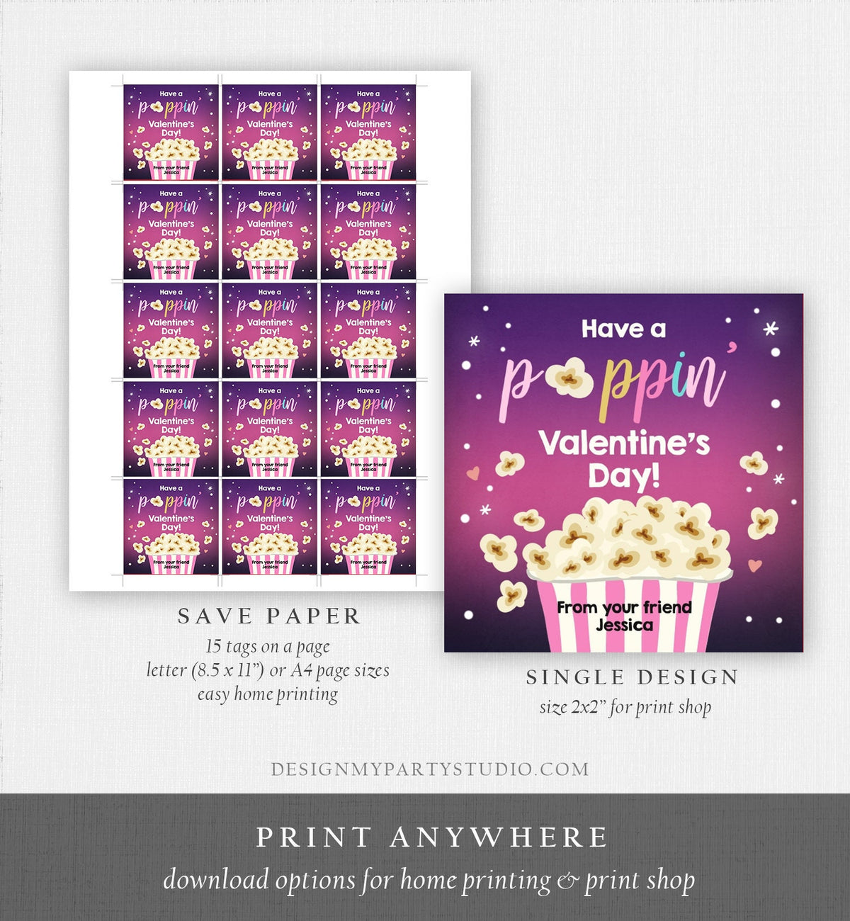 Editable Popcorn Valentine&#39;s Day Tag Poppin&#39; Sticker Valentines Day Card for Kids School Class Gift Tag Digital PRINTABLE 0367 0370
