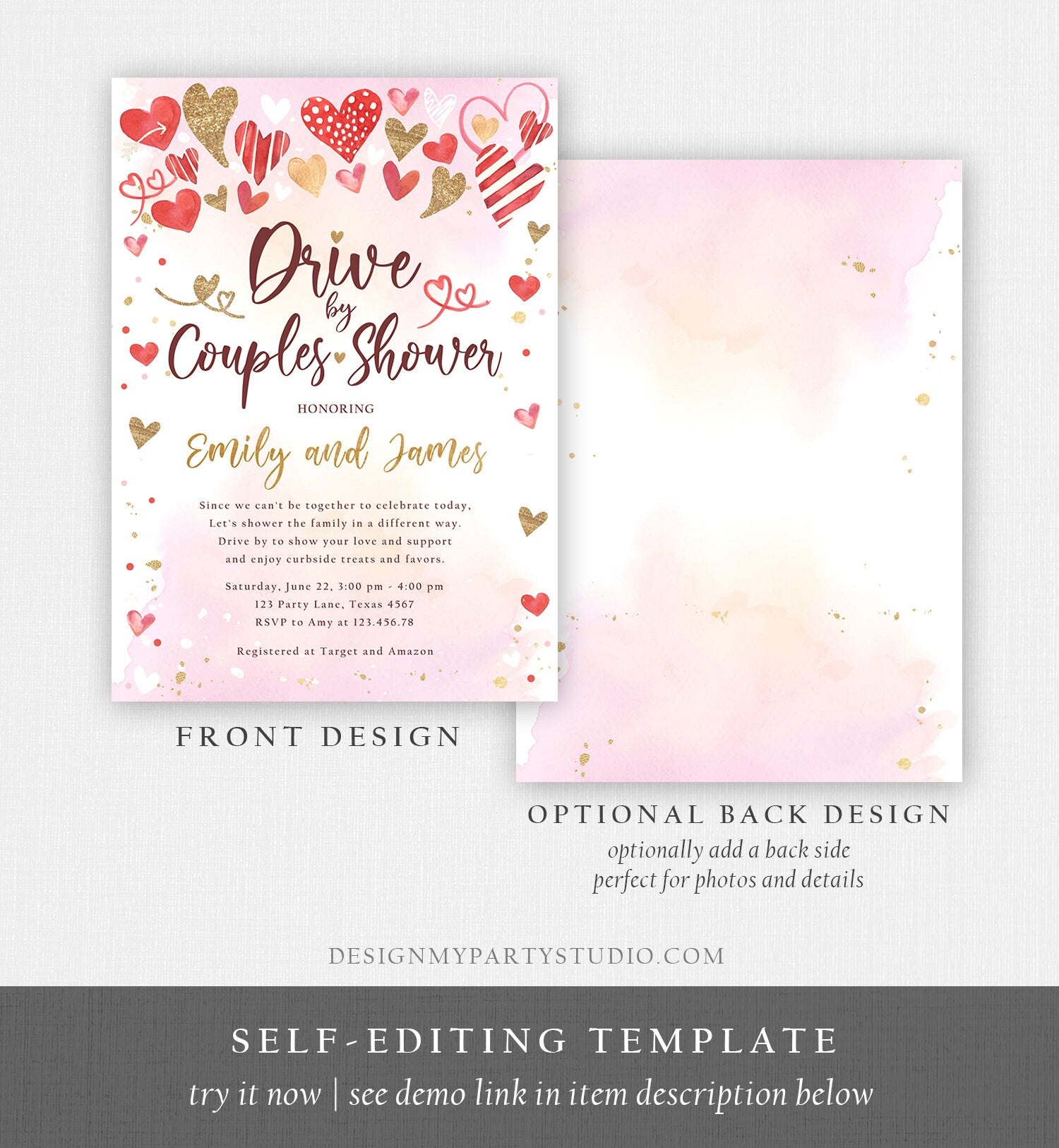 Editable Drive By Couples Shower Invitation Valentine Pink Gold Hearts Drive Through Bridal Wedding Showered Love Corjl Printable 0371