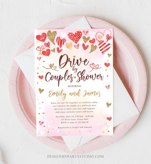 Editable Drive By Couples Shower Invitation Valentine Pink Gold Hearts Drive Through Bridal Wedding Showered Love Corjl Printable 0371