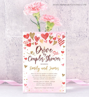 Editable Drive By Couples Shower Invitation Valentine Pink Gold Hearts Drive Through Bridal Wedding Showered Love Corjl Printable 0371