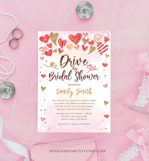 Editable Drive By Bridal Shower Invitation Valentine Sweetheart Pink Gold Hearts Drive Through Wedding Showered Love Corjl Printable 0371
