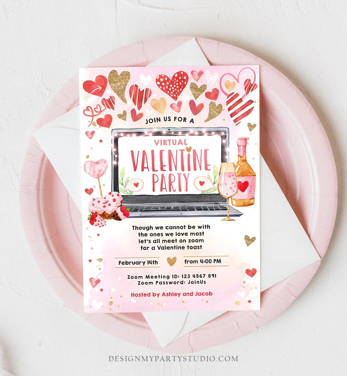 Editable Virtual Valentine Toast Invitation Valentine Party Zoom Invite Quarantine Social Distancing Laptop Printable Template Corjl 0371