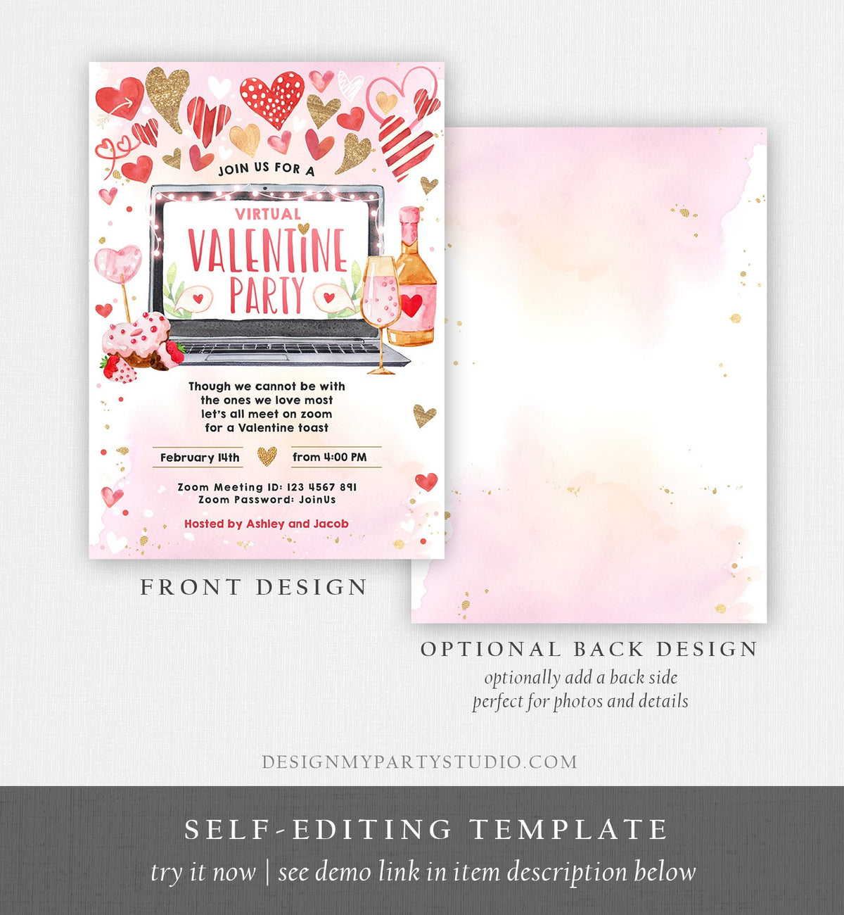 Editable Virtual Valentine Toast Invitation Valentine Party Zoom Invite Quarantine Social Distancing Laptop Printable Template Corjl 0371