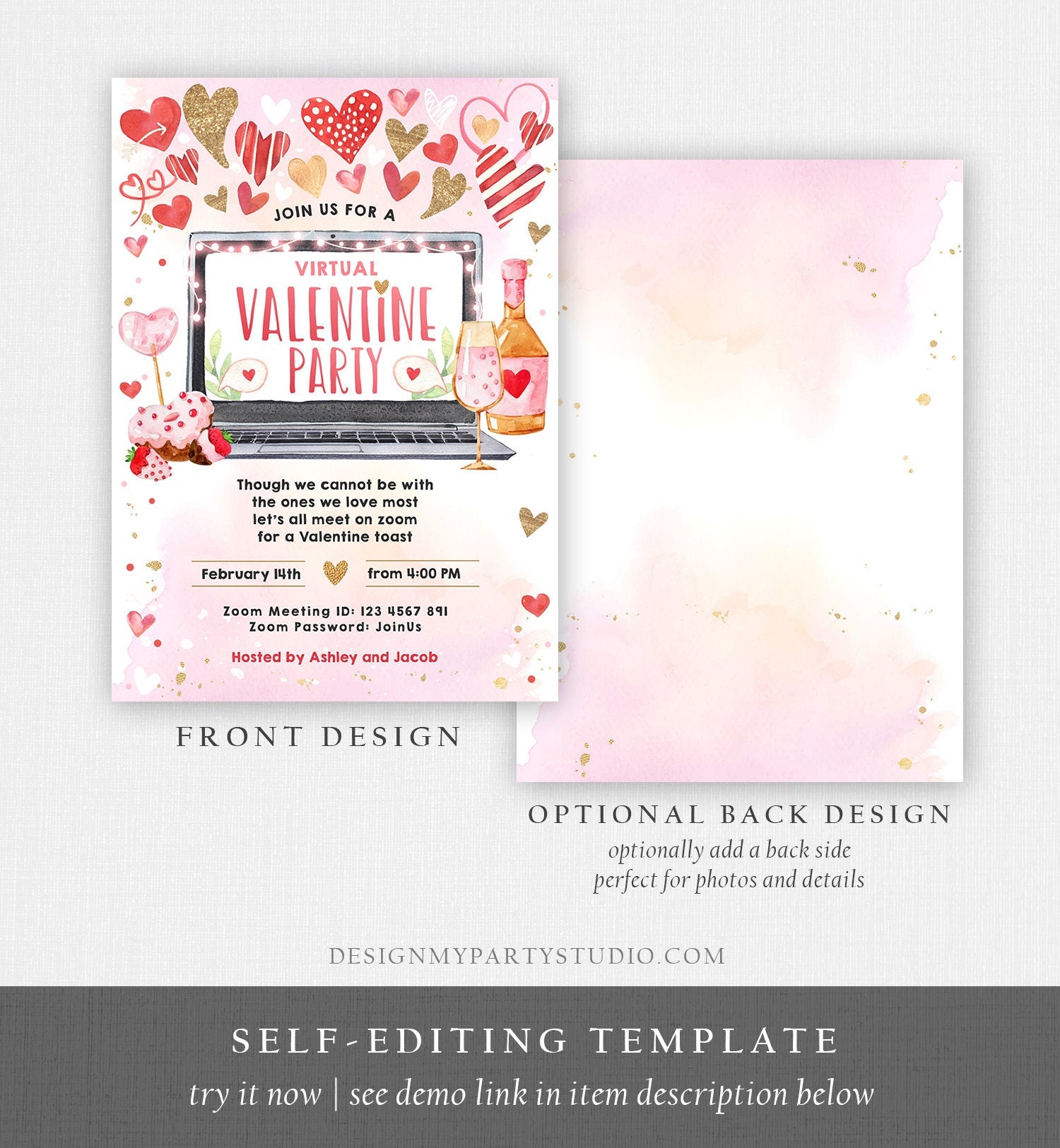 Editable Virtual Valentine Toast Invitation Valentine Party Zoom Invite Quarantine Social Distancing Laptop Printable Template Corjl 0371