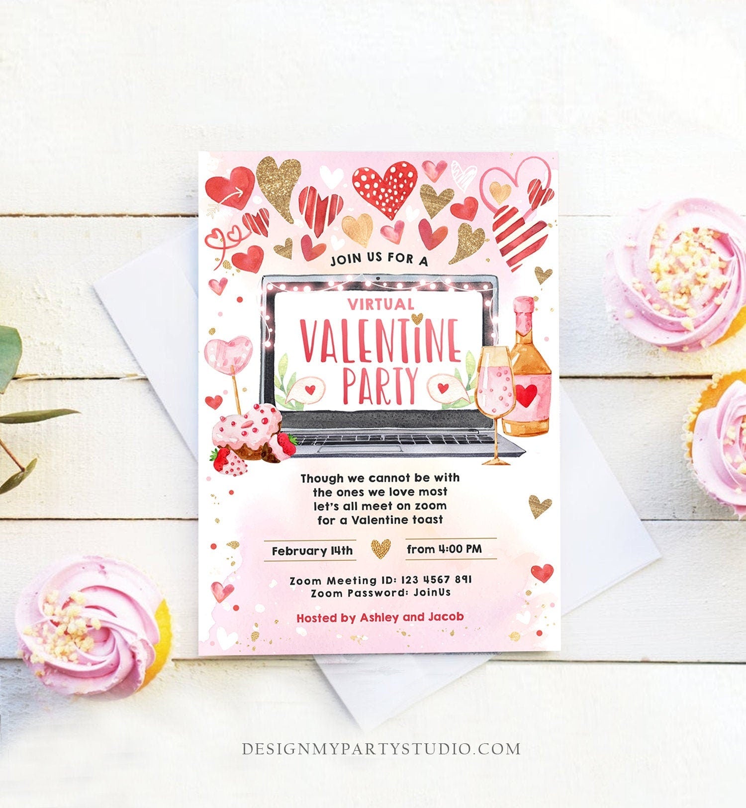 Editable Virtual Valentine Toast Invitation Valentine Party Zoom Invite Quarantine Social Distancing Laptop Printable Template Corjl 0371