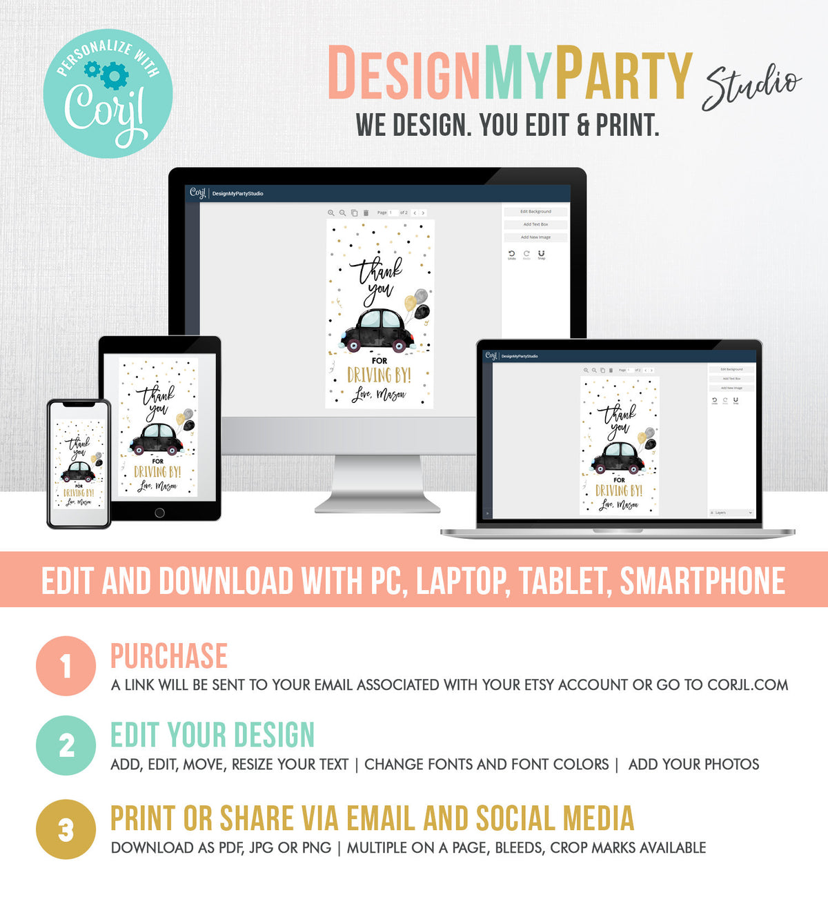 Editable Drive By Favor Tag Birthday Parade Drive Through Favors Party Thank You Gift Quarantine Black Car Corjl Template Printable 0333