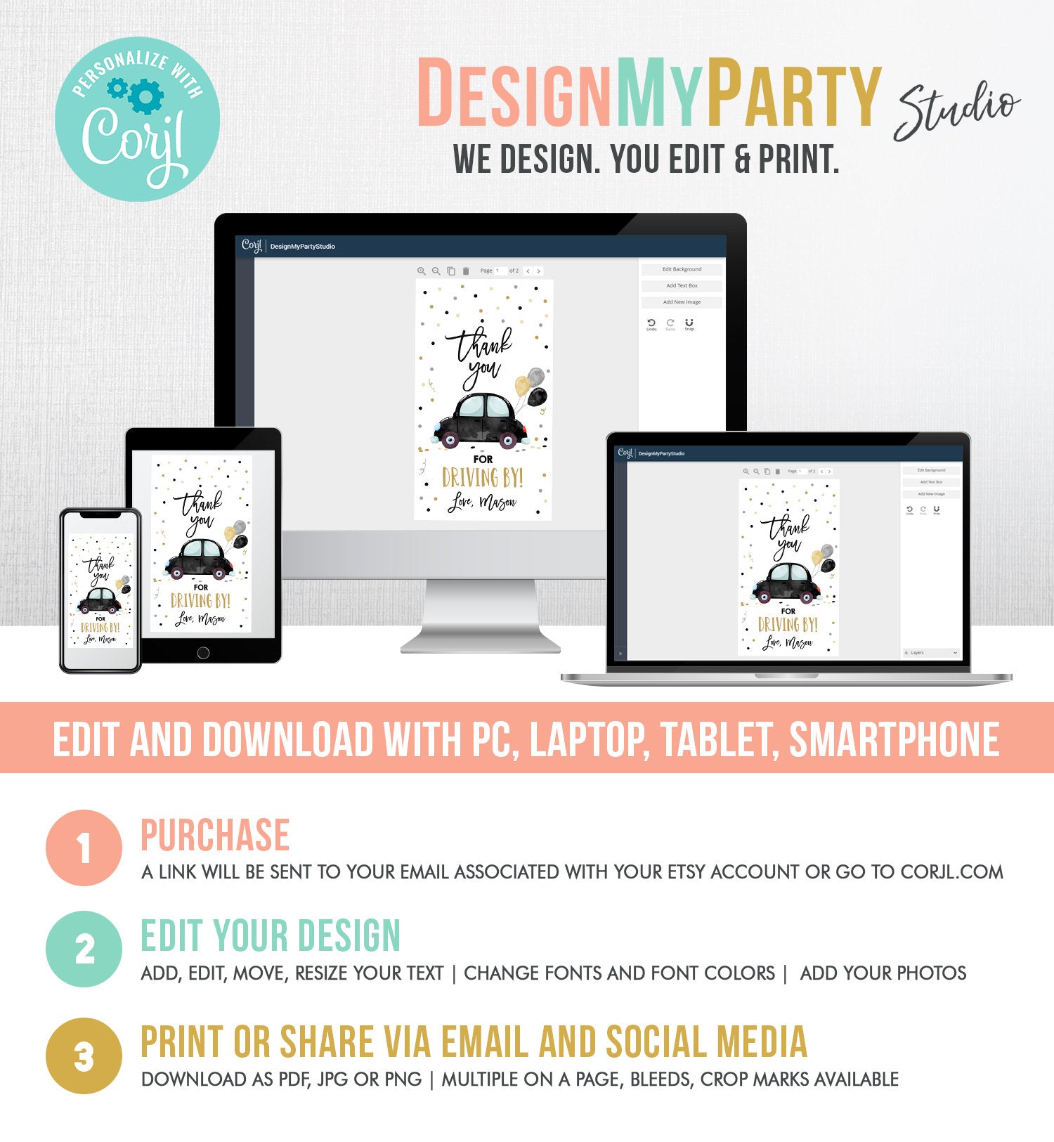 Editable Drive By Favor Tag Birthday Parade Drive Through Favors Party Thank You Gift Quarantine Black Car Corjl Template Printable 0333