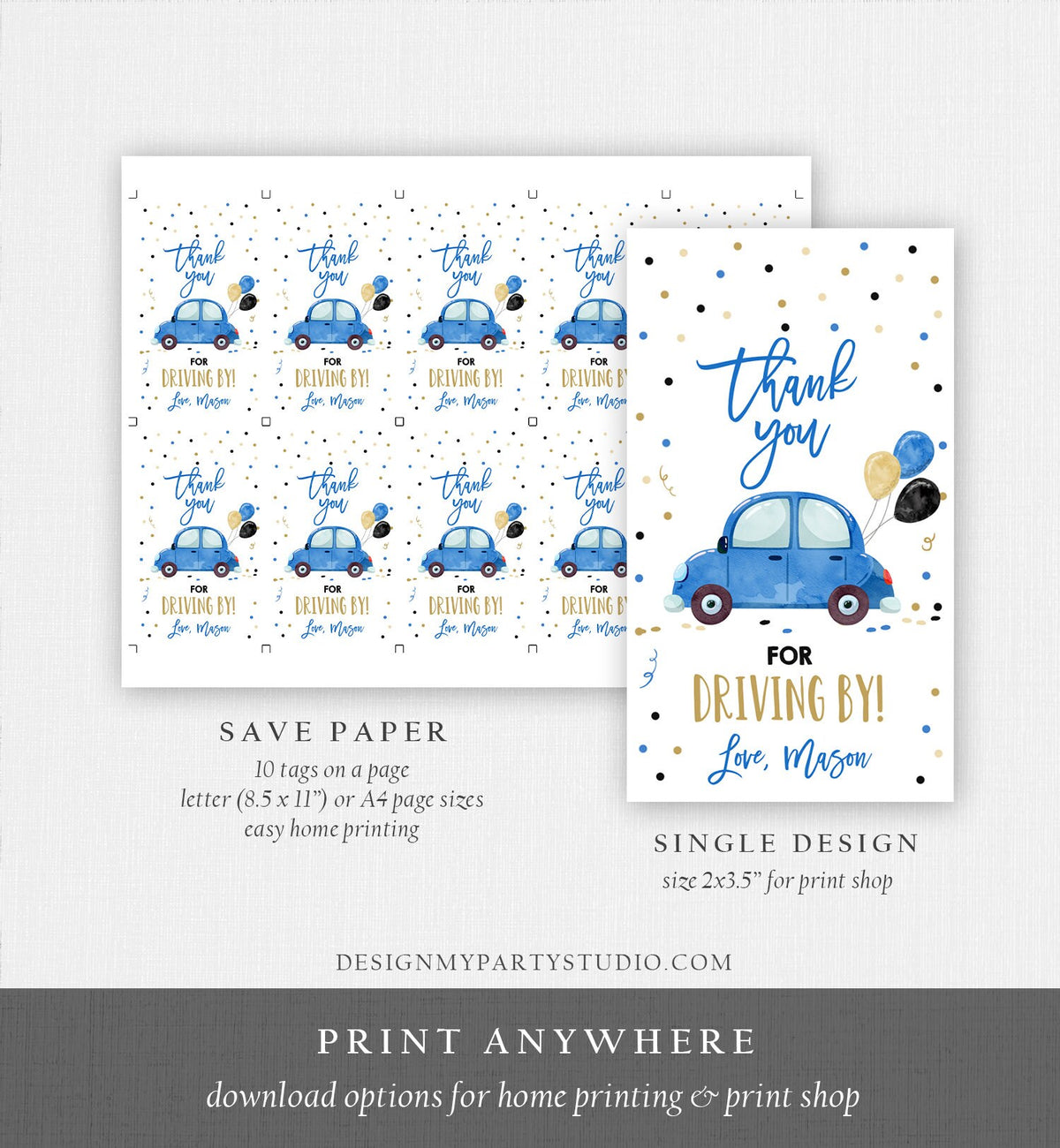 Editable Drive By Favor Tag Birthday Parade Drive Through Favors Party Thank You Gift Quarantine Blue Car Corjl Template Printable 0333