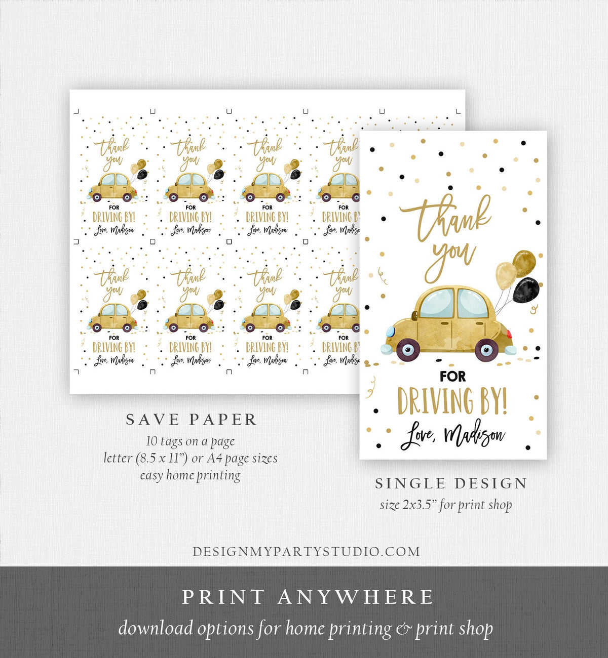 Editable Drive By Favor Tag Birthday Parade Drive Through Favors Party Thank You Gift Quarantine Gold Car Corjl Template Printable 0333