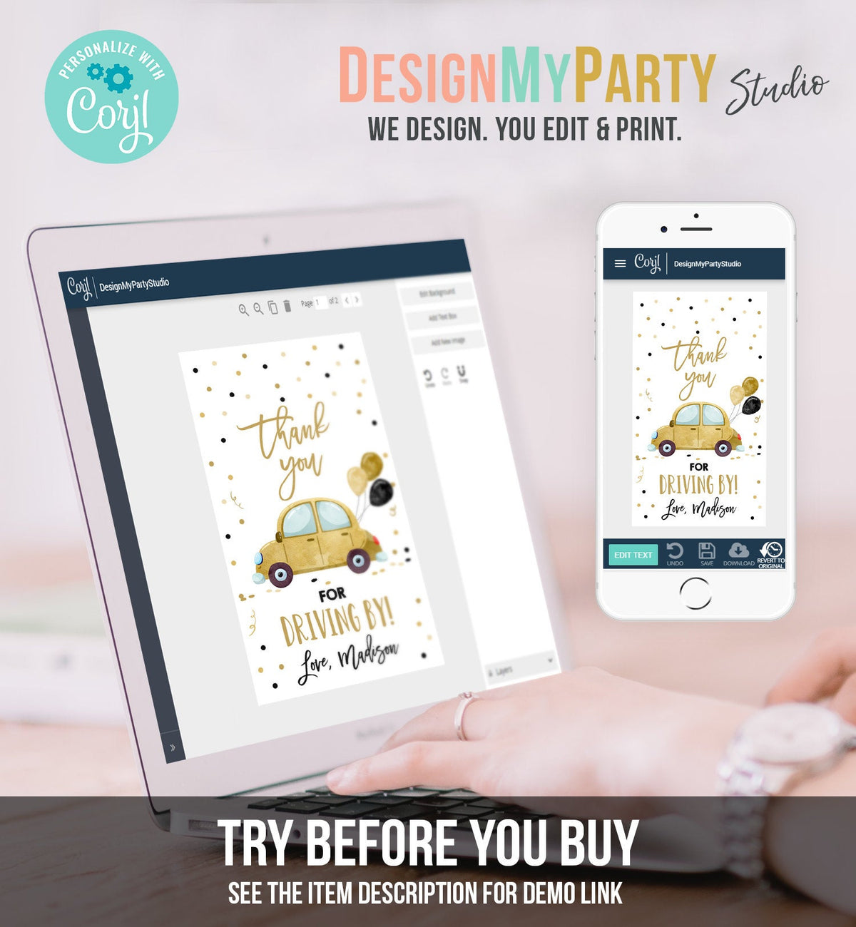 Editable Drive By Favor Tag Birthday Parade Drive Through Favors Party Thank You Gift Quarantine Gold Car Corjl Template Printable 0333