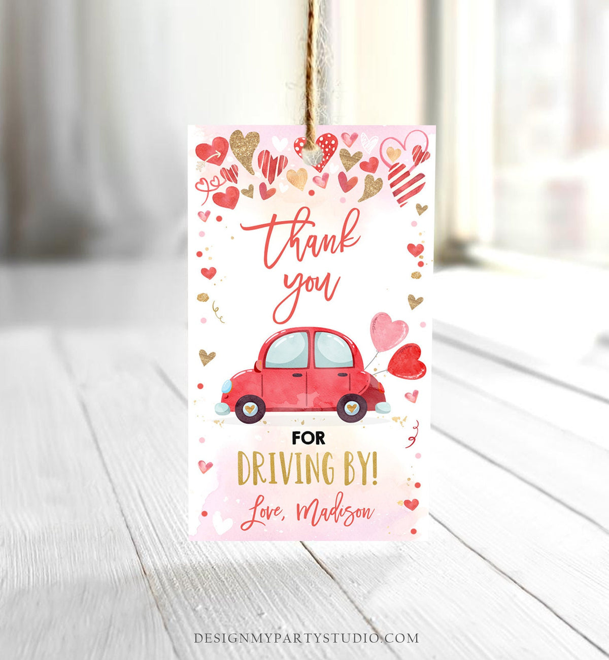 Editable Drive By Favor Tag Valentine Hearts Birthday Parade Drive Through Favors Party Thank You Red Pink Car Corjl Template Printable 0371