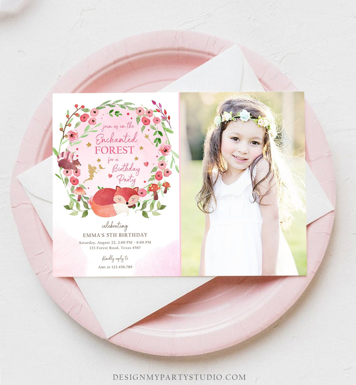 Editable Enchanted Forest Birthday Invitations Woodland Fairy Party Invite Girl Pink Fairies Toadstool Printable Template Digital Corjl 0173