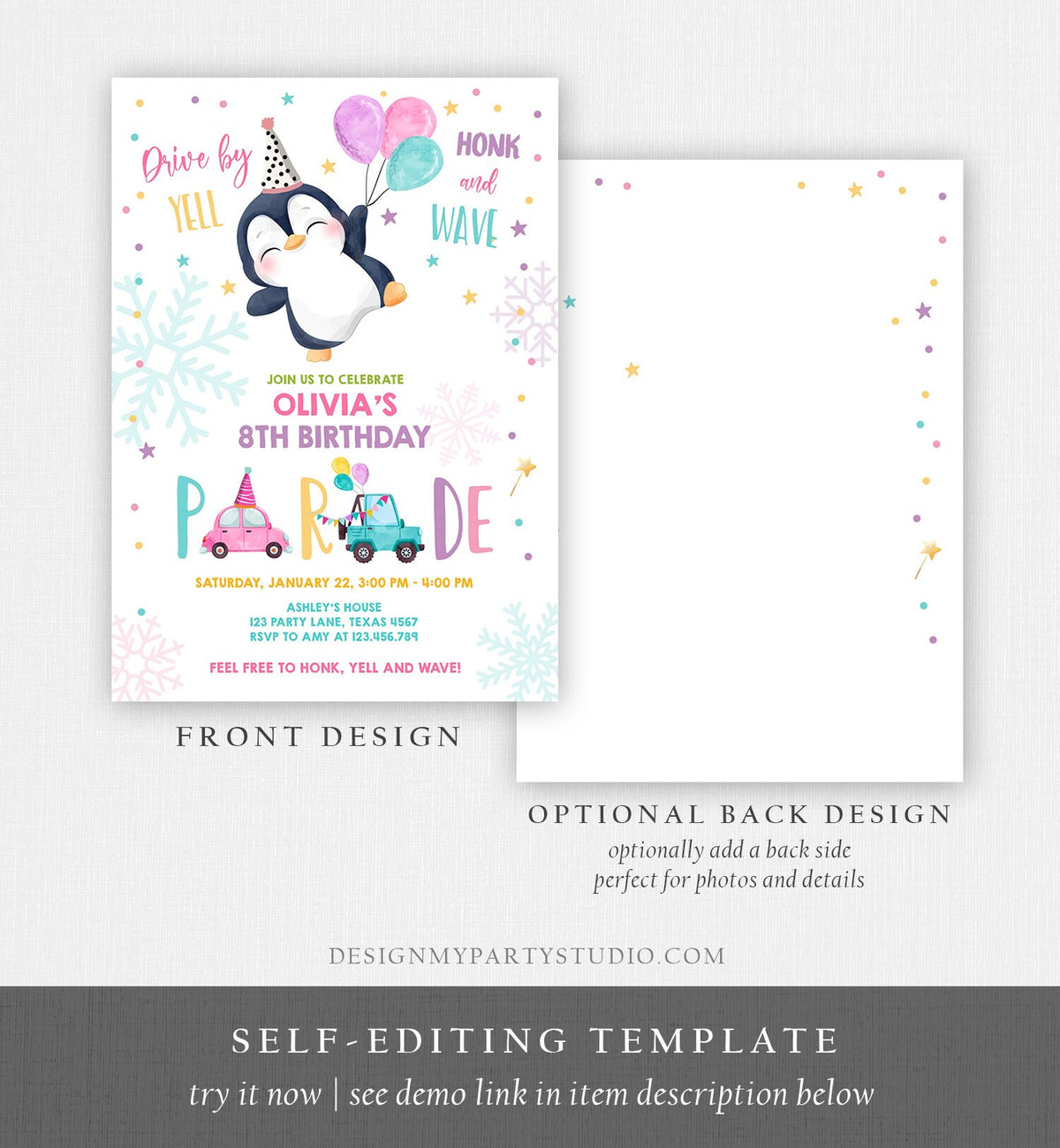 Editable Penguin Drive By Birthday Parade Invitation Winter Party Invite Honk Wave Car Girl Pink Drive Through South Pole Digital Corjl 0372