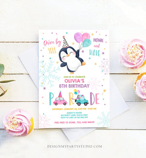 Editable Penguin Drive By Birthday Parade Invitation Winter Party Invite Honk Wave Car Girl Pink Drive Through South Pole Digital Corjl 0372