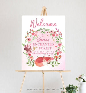 Editable Woodland Fairy Birthday Welcome Sign Enchanted Forest Birthday Girl Toadstool Fox Fairy Party Sign Template PRINTABLE Corjl 0173