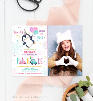 Editable Penguin Drive By Birthday Parade Invitation Winter Party Invite Honk Wave Car Girl Pink Drive Through South Pole Digital Corjl 0372