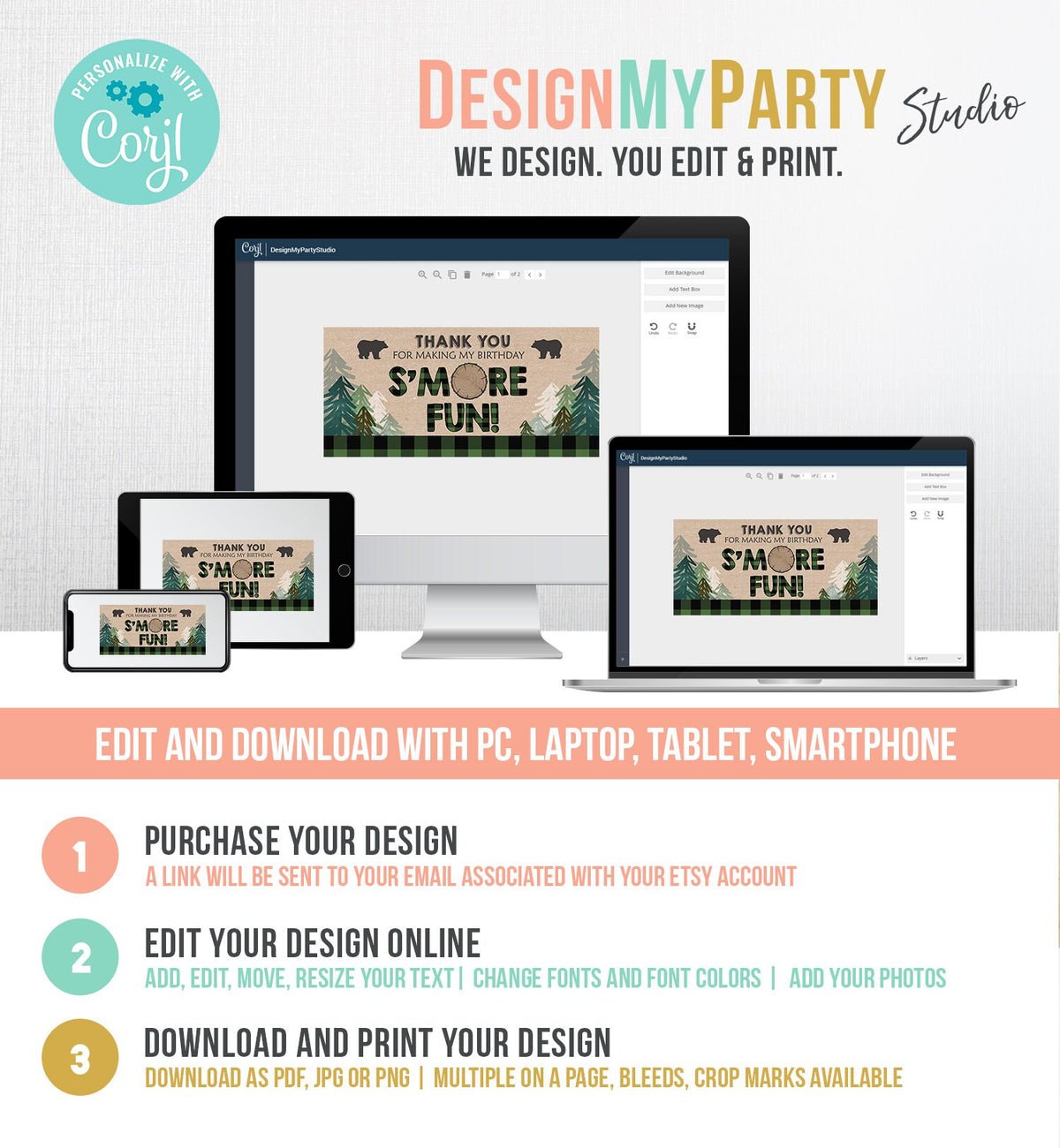 Editable Lumberjack Treat Bag Toppers Smore Fun Birthday Party Wild One Green Buffalo Plaid Baby Shower S&#39;more Digital Corjl Template 0026