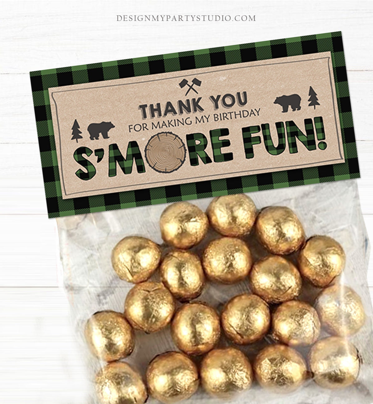Editable Lumberjack Treat Bag Toppers Smore Fun Birthday Party Wild One Green Buffalo Plaid Baby Shower S&#39;more Digital Corjl Template 0026