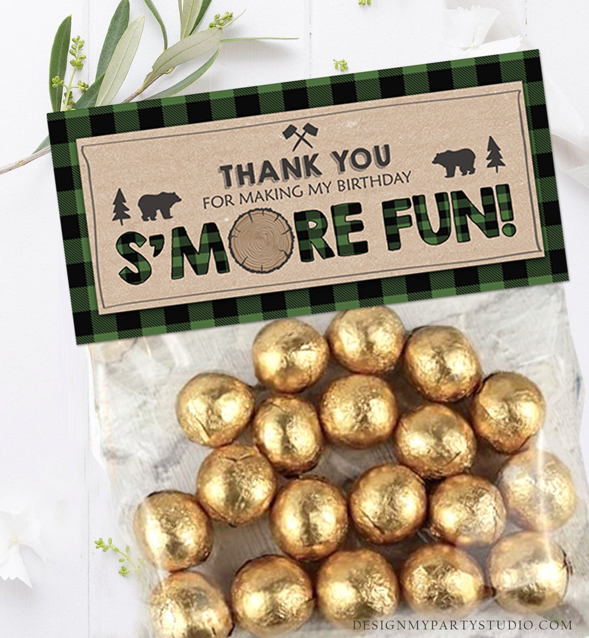 Editable Lumberjack Treat Bag Toppers Smore Fun Birthday Party Wild One Green Buffalo Plaid Baby Shower S&#39;more Digital Corjl Template 0026