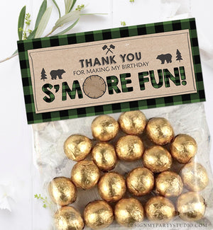 Editable Lumberjack Treat Bag Toppers Smore Fun Birthday Party Wild One Green Buffalo Plaid Baby Shower S'more Digital Corjl Template 0026
