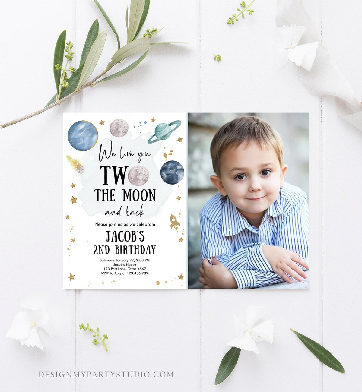 Editable Two the Moon Second Birthday Invitation Space Astronaut Love You to the Moon Galaxy 2nd Boy Printable Template Digital Corjl 0357