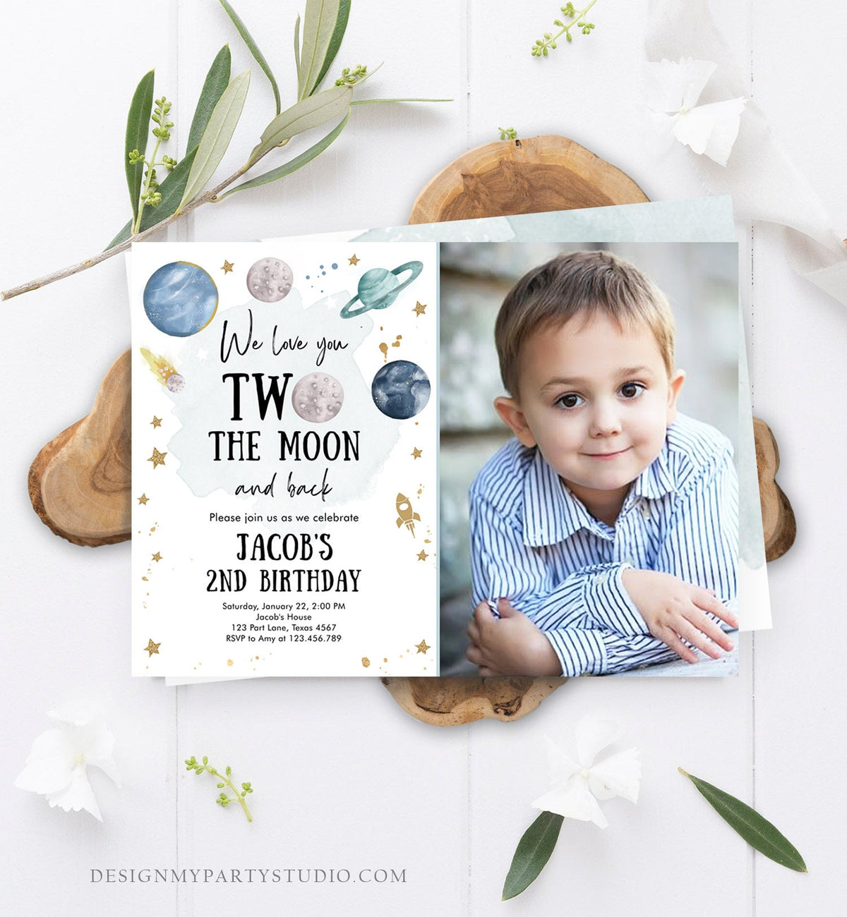 Editable Two the Moon Second Birthday Invitation Space Astronaut Love You to the Moon Galaxy 2nd Boy Printable Template Digital Corjl 0357