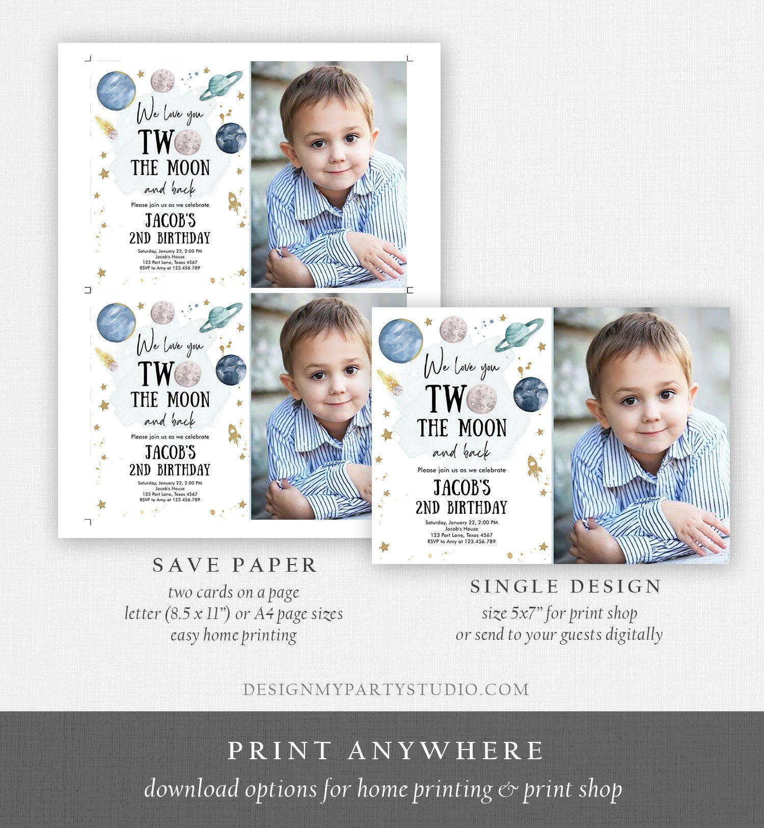 Editable Two the Moon Second Birthday Invitation Space Astronaut Love You to the Moon Galaxy 2nd Boy Printable Template Digital Corjl 0357