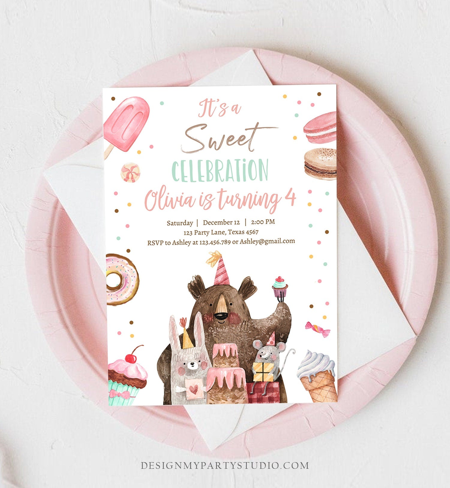 Editable Sweet Celebration Birthday Invitation Sweet One 1st Girl Donut Sweet Shoppe Animals Digital Download Printable Template Corjl 0373
